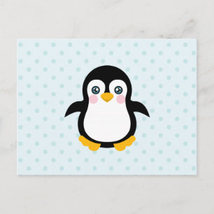 Cute Penguin Design Blue Polka Dot Background Vykort