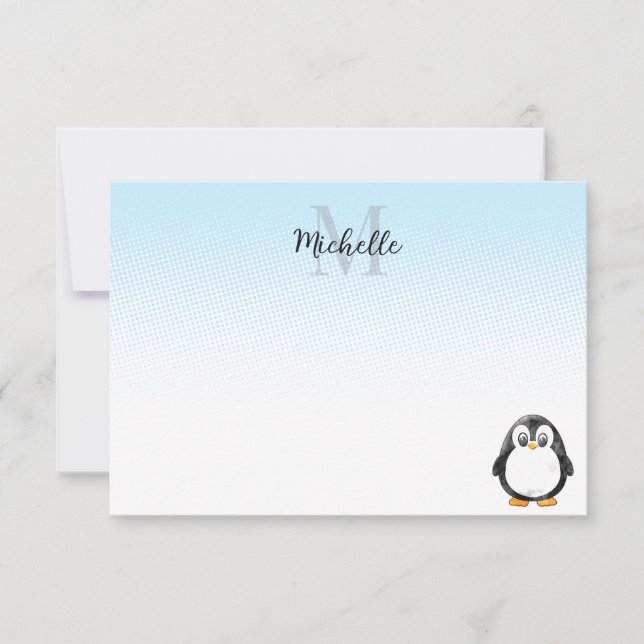Cute Penguin Drawing Custom Monogram Anteckningskort (Framsida)