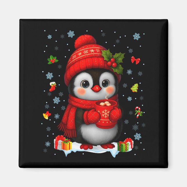 Cute Penguin Drink Hot Cocoa Christmas Xmas Men Wo Magnet (Framsidan)