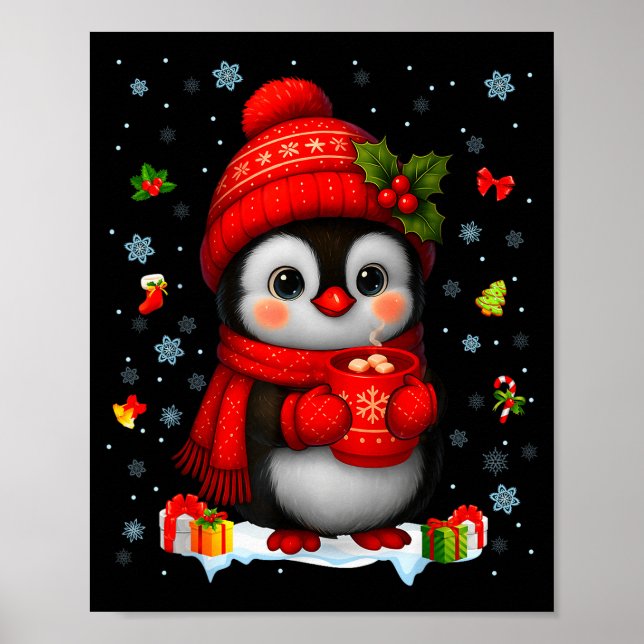 Cute Penguin Drink Hot Cocoa Christmas Xmas Men Wo Poster (Framsidan)
