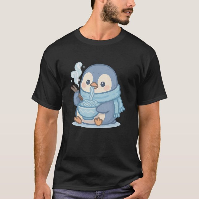 Cute Penguin Eating Ramen - Kawaii Winter T Shirt (Framsida)