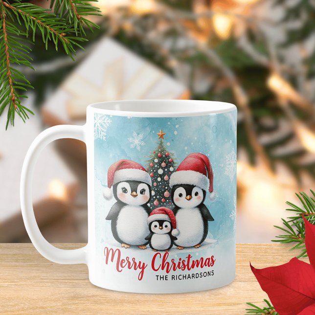 Cute Penguin Family Blue Red God jul Kaffemugg (Skapare uppladdad)