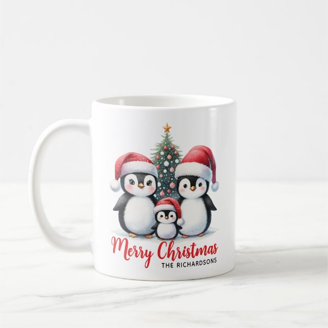 Cute Penguin Family Modern God jul Kaffemugg (Vänster)