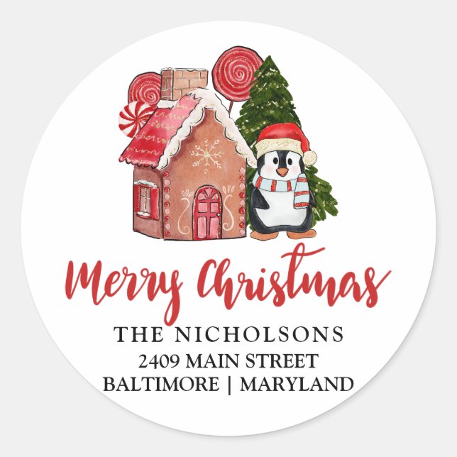 Cute Penguin Gingerbröd | Returadressetikett Runt Klistermärke (Framsida)