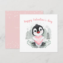 Cute Penguin Girl 1st Valentine day Square Card