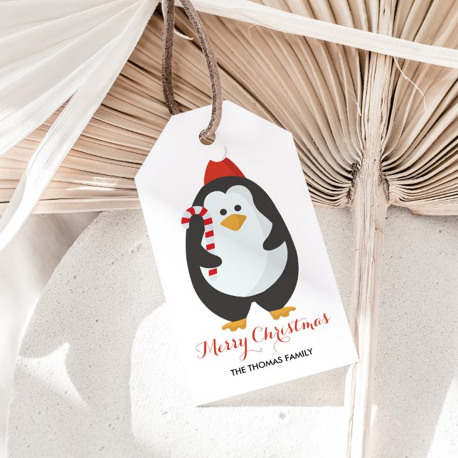 Cute Penguin God jul Candy cane Presentetikett (Penguin Christmas gift tag for a cute way to personalize with your family name for wrapping. )