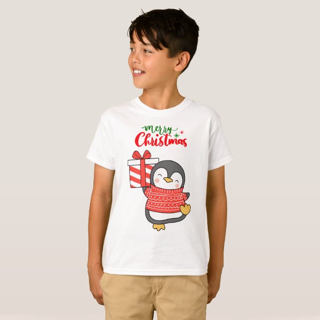 Cute Penguin God jul T Shirt (Hel framsida)