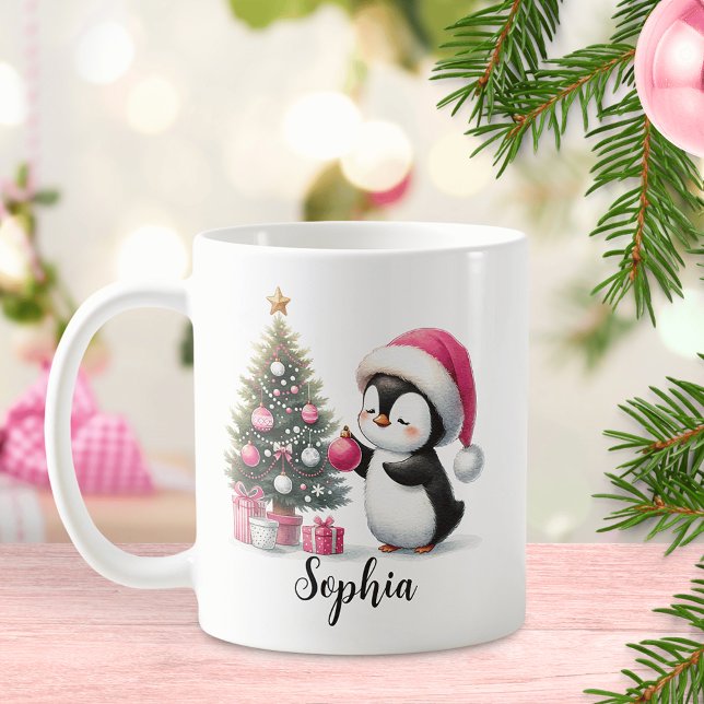 Cute Penguin Gräs Träd Anpassningsbar Rosa jul Kaffemugg (Skapare uppladdad)