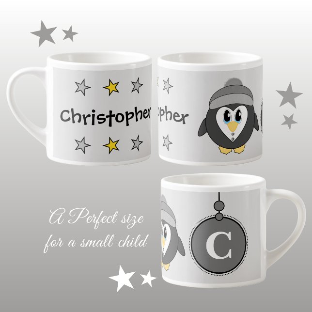 Cute penguin grått gult med stjärnor, barn espressomugg (Skapare uppladdad)