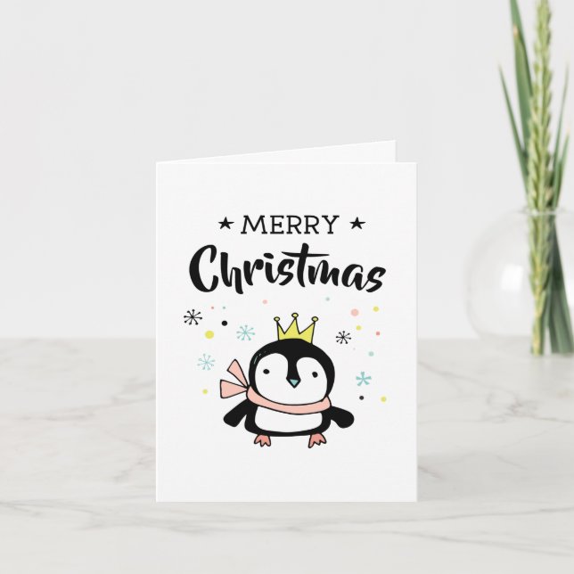 Cute penguin guld krona god jul helgkort (Framsida)