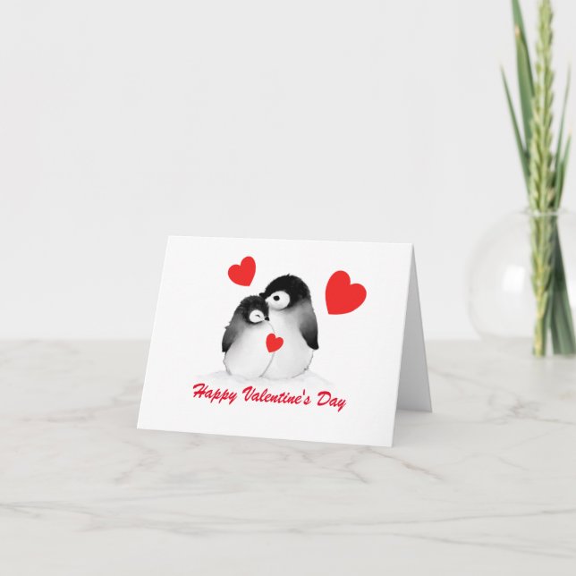 Cute Penguin Heart Valentine Day Card Helgkort (Framsida)