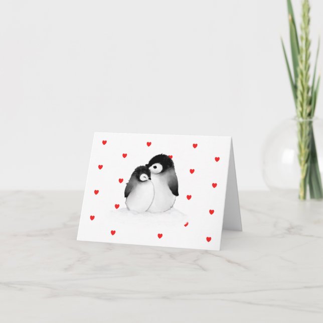 Cute Penguin Heart Valentine Day Card Helgkort (Framsida)