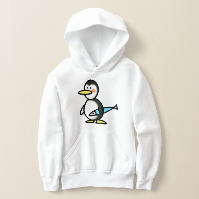 Cute Penguin Holding a Blue Fish T Shirt (Laydown)