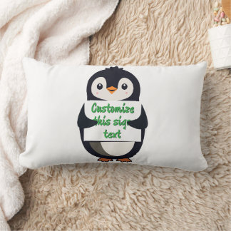 Cute penguin holding a sign for personalized text lumbarkudde