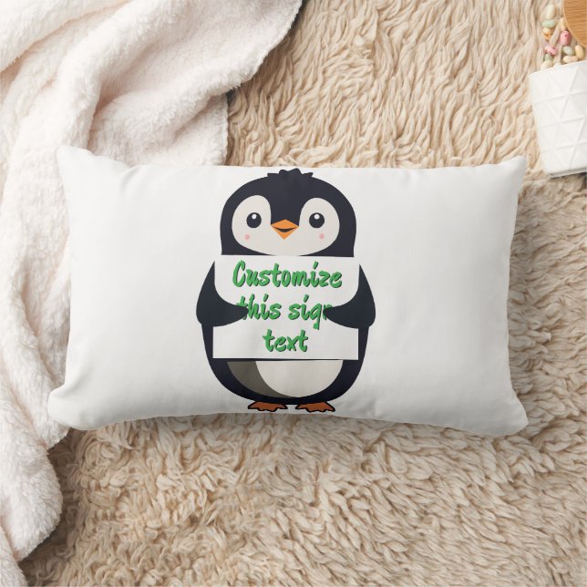 Cute penguin holding a sign for personalized text lumbarkudde (Filt)