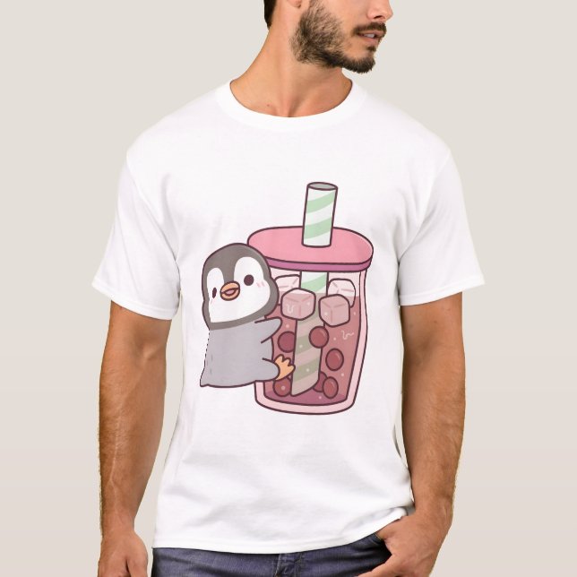 Cute Penguin Hugger Iced Bubble Tea T Shirt (Framsida)