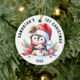 Cute Penguin i Red Babys 1:a jul Julgransprydnad Keramik