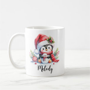 Cute Penguin i Red Custom Name jul Kaffemugg