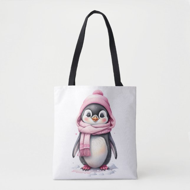 Cute Penguin i Rosa Hat och Scarf 3a jul Tygkasse (Framsida)