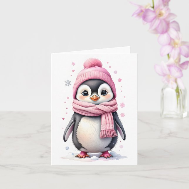 Cute Penguin i Rosa Hat och Scarf Blank jul Kort (Orkide)