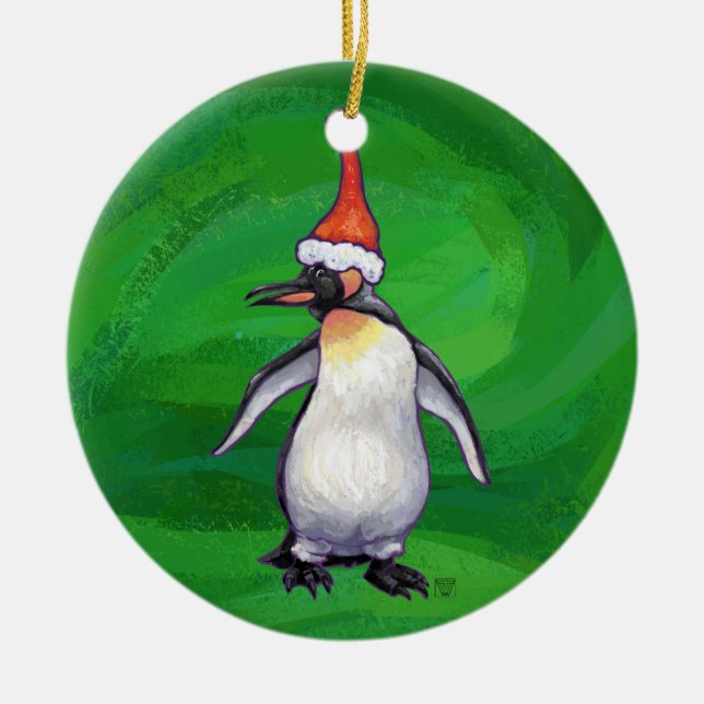 Cute Penguin i Santa Hat på Grönt Julgransprydnad Keramik (Framsidan)
