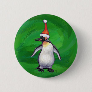 Cute Penguin i Santa Hat på Grönt Knapp