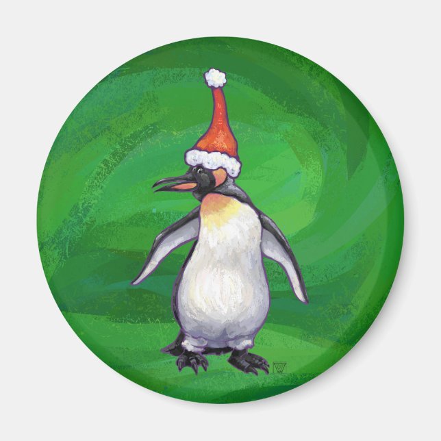 Cute Penguin i Santa Hat på Grönt Magnet (Framsidan)