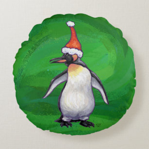 Cute Penguin i Santa Hat på Grönt Rund Kudde