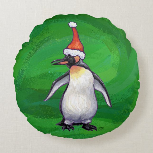 Cute Penguin i Santa Hat på Grönt Rund Kudde (Framsidan)