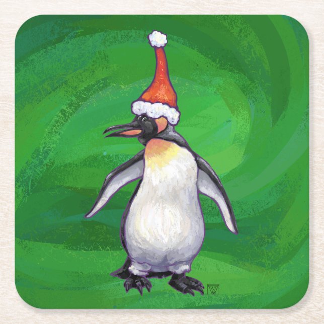 Cute Penguin i Santa Hat på Grönt Underlägg Papper Kvadrat (Framsidan)