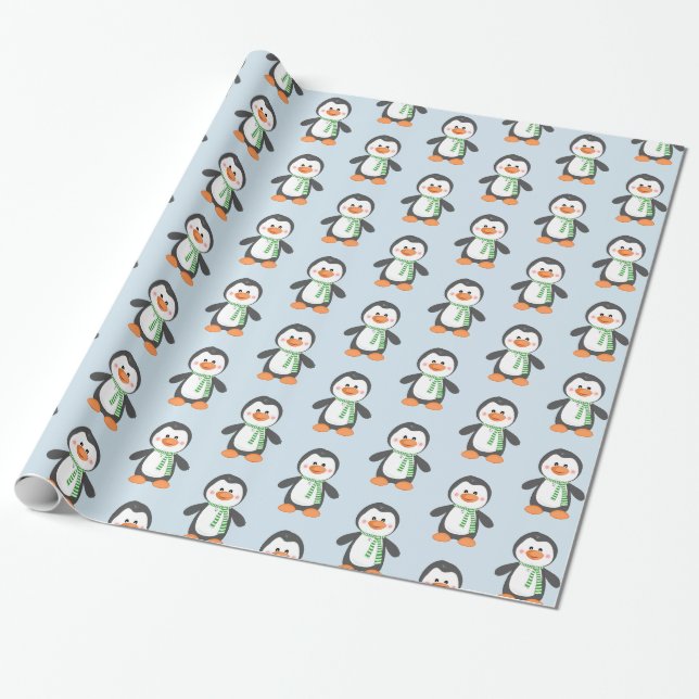 Cute Penguin i Scarf Blue och Grönt Gift Wrap Presentpapper (Utrullad)