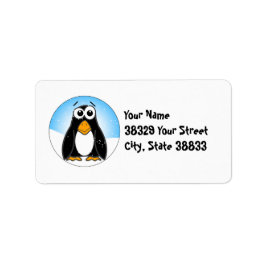Cute Penguin i Snö med Blå himmel Adressetikett