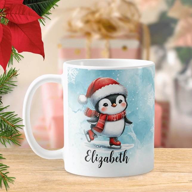 Cute Penguin Ice Skal Blue Red Anpassningsbar jul Kaffemugg (Skapare uppladdad)