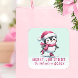 Cute Penguin Ice Skater Mint och Rosa jul Fyrkantigt Klistermärke