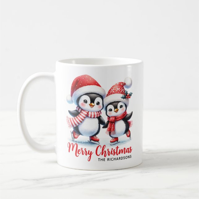 Cute Penguin Ice Skater Personlig jul Kaffemugg (Vänster)
