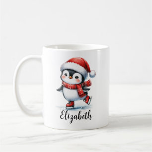 Cute Penguin Ice Skating Anpassningsbar Red jul Kaffemugg