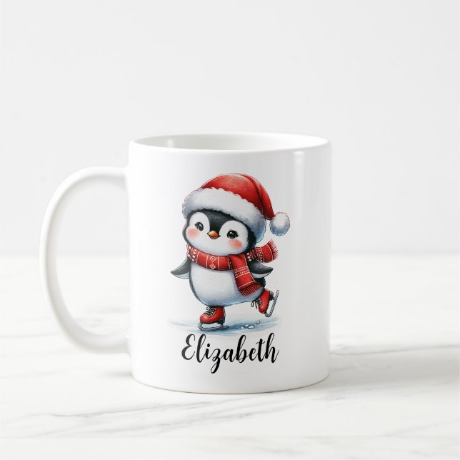 Cute Penguin Ice Skating Anpassningsbar Red jul Kaffemugg (Vänster)