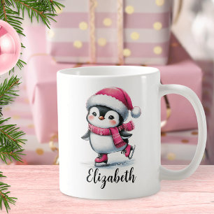 Cute Penguin Ice Skating Anpassningsbar Rosa jul Kaffemugg