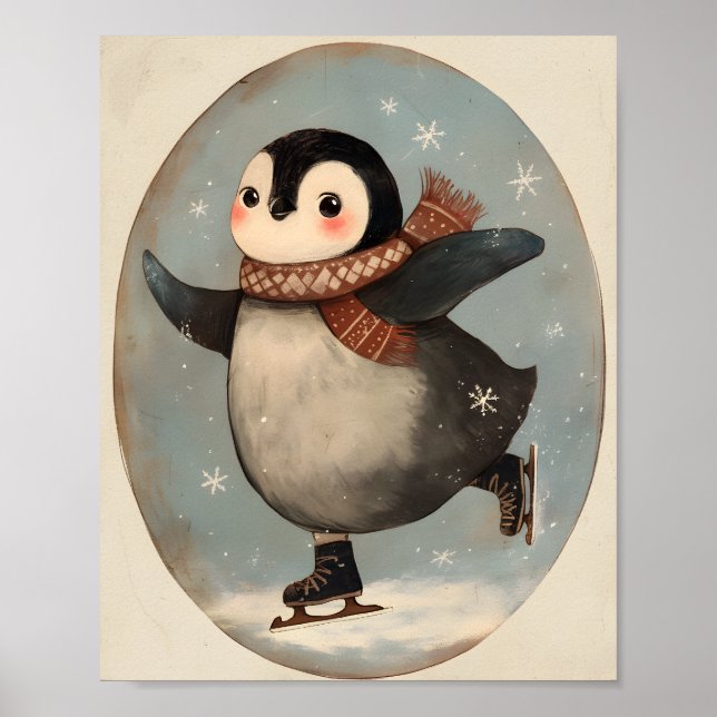 Cute Penguin Ice Skating | Nursery wall Art Poster (Framsidan)