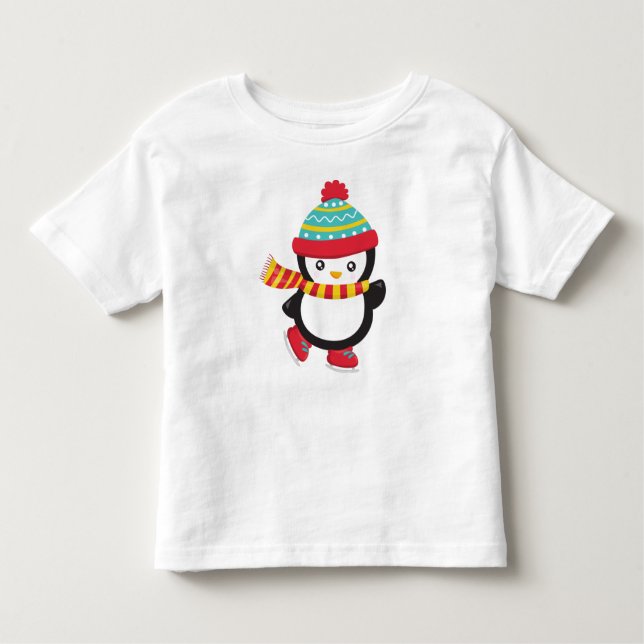 Cute Penguin, Ice Skating Penguin, Hat, Scarf T Shirt (Framsida)
