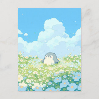 Cute Penguin in Blue and White Meadow Vykort