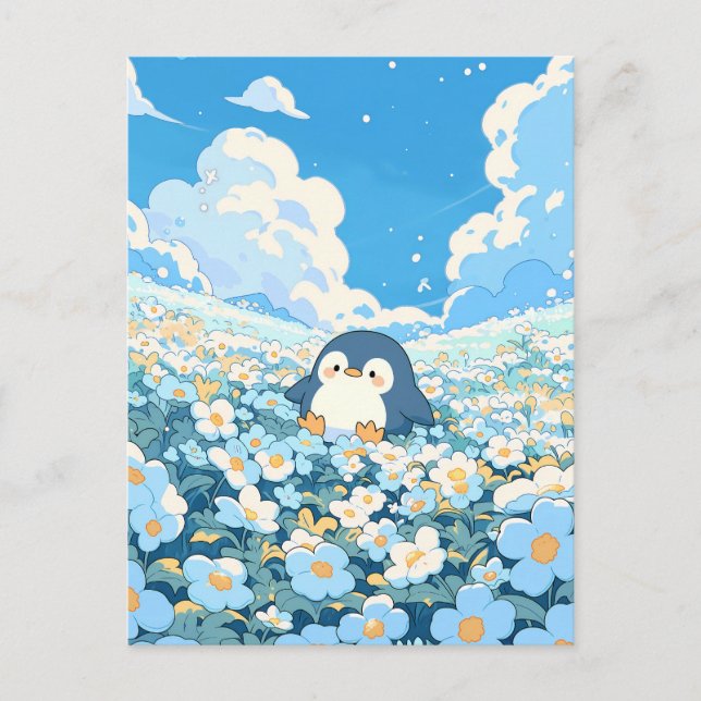Cute Penguin in Blue Flower Meadow Vykort (Framsida)