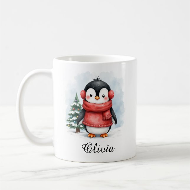 Cute Penguin in Sweater Custom Name Mug Kaffemugg (Vänster)