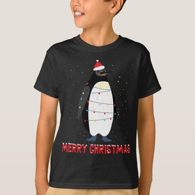 Cute penguin Julgran Ljus T Shirt (Framsida)