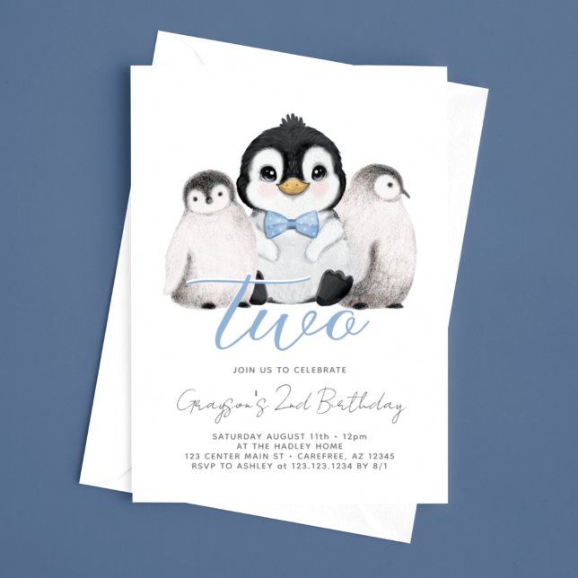 Cute Penguin Kids andra födelsedagen Inbjudningar (Skapare uppladdad)