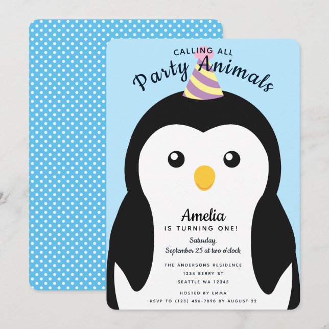 Cute Penguin Kids första födelsedag Inbjudningar (Fram/baksida)