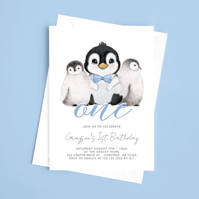 Cute Penguin Kids första födelsedag Inbjudningar (Skapare uppladdad)
