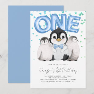 Cute Penguin Kids första födelsedag Inbjudningar