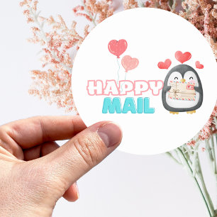 Cute Penguin Lycklig Mail Round Fastcker med hjärt Runt Klistermärke