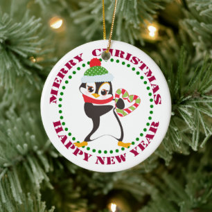 Cute Penguin med Candy cane Heart Julgransprydnad Keramik